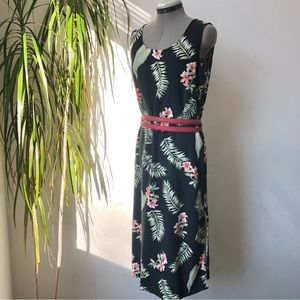 TAHITI Womens’ Black Green Palm Print Dress Side Slits Artsy Aesthetic Size L